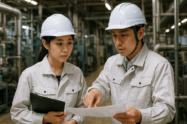 加工組立部門：図面を確認しながら製品を組立・調整する様子