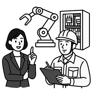 現場のFA機器設置状況を確認しながら打ち合わせする様子
