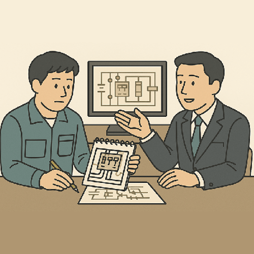 構成図作成の様子と部品レイアウト検討の資料