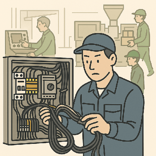 制御盤の配線作業と現場調整の様子